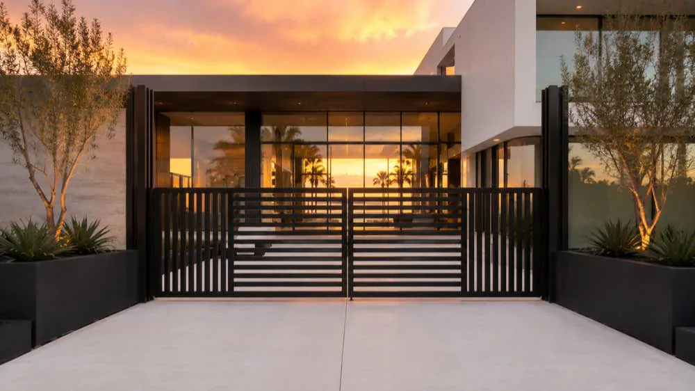 Louvered aluminum slide gate at a residence at sunset