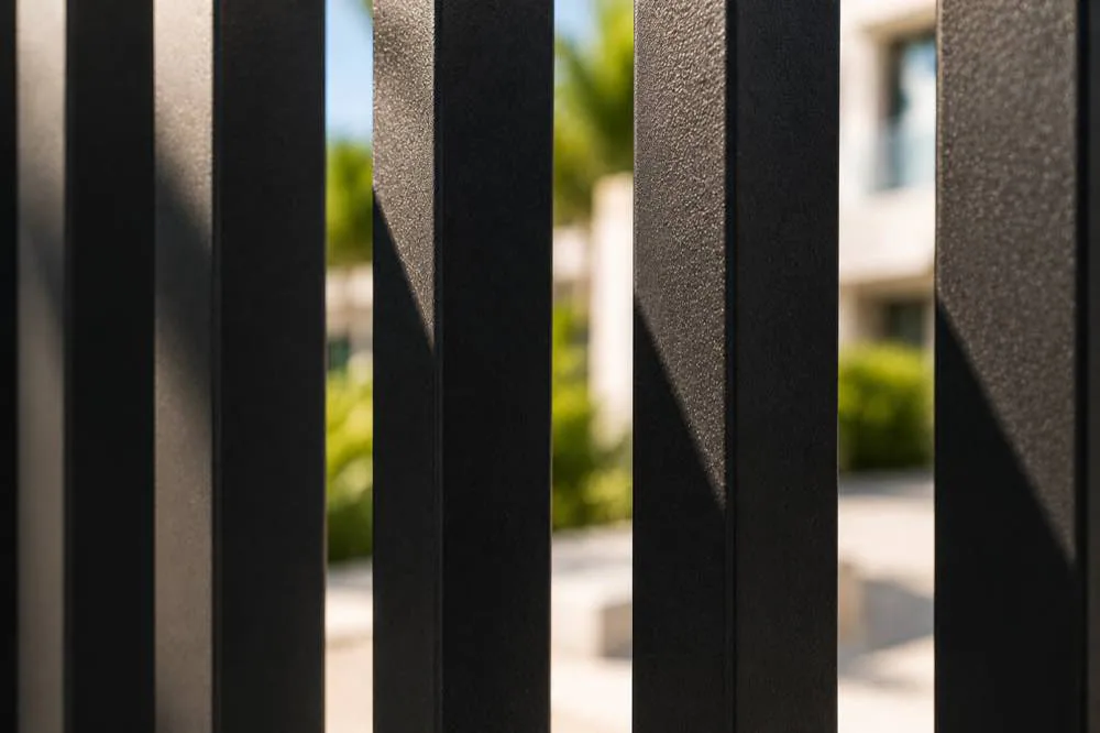 Close-up of dark metal gate pickets