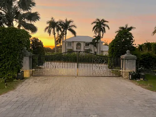 Ornamental iron driveway gate at sunset with palm trees